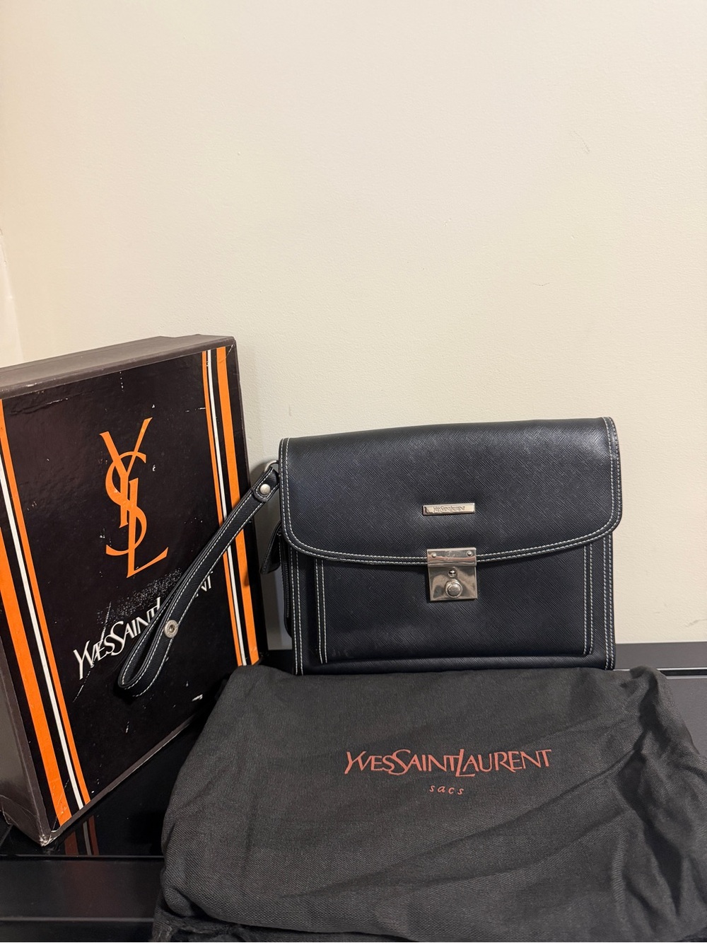 Yves Saint Laurent Black Leather Flap Wristlet Clutch Bag Vintage Authentic